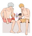  1girl 3boys bangs barefoot black_hair blonde_hair blush bun_cover child crossover ekubo_(mob_psycho_100) feet female_child food_print gintama invisible_chair kageyama_shigeo kanapy leg_hair male_child mob_psycho_100 multiple_boys nose_picking orange_hair reigen_arataka sakata_gintoki shimura_shinpachi signature simple_background sitting strawberry_print tank_top toes white_tank_top younger 