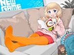  1girl :d ahagon_umiko animal_bag backpack bag bangs blonde_hair blue_eyes book character_doll copyright_name couch cushion doll feet full_body highres holding holding_book id_card indoors jacket lanyard long_hair looking_at_viewer menthako new_game! no_shoes open_book open_mouth pantyhose pink_jacket red_shorts sakura_nene shark_bag shorts sitting smile soles solo twintails 