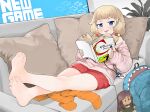  1girl absurdres ahagon_umiko animal_bag backpack bag bangs barefoot blonde_hair blue_eyes book character_doll closed_mouth copyright_name couch cushion doll feet full_body highres holding holding_book id_card indoors jacket lanyard long_hair looking_at_viewer menthako new_game! open_book pantyhose pantyhose_removed pink_jacket red_shorts sakura_nene shark_bag shorts sitting smile soles solo toes tongue tongue_out twintails 