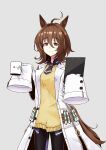  1girl agnes_tachyon_(umamusume) ahoge animal_ears bangs black_necktie black_pantyhose brown_hair clipboard cup equation fumiomiomi grey_background highres holding holding_clipboard holding_cup horse_ears horse_girl horse_tail labcoat long_sleeves medium_hair messy_hair necktie pantyhose physics red_eyes short_necktie sleeves_past_fingers sleeves_past_wrists solo sweater tail test_tube umamusume yellow_sweater zipper zipper_pull_tab 