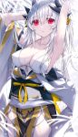  1girl armpits arms_up bangs blush breasts cleavage collarbone cowboy_shot dragon_girl dragon_horns fate/grand_order fate_(series) highres horns japanese_clothes kimono kiyohime_(fate) large_breasts long_hair looking_at_viewer morizono_shiki parted_lips red_eyes simple_background solo white_background white_hair white_kimono 