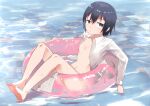  1girl absurdres black_hair blue_eyes floating highres innertube kino_(kino_no_tabi) kino_no_tabi open_clothes open_shirt pool reverse_trap short_hair solo tomurasuisen wet 