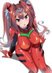  1girl :o absurdres animal_ears bodysuit bow breasts brown_hair commentary cosplay daiwa_scarlet_(umamusume) fang gloves hair_between_eyes hair_bow hair_intakes hair_ornament hairpods highres horse_ears horse_girl large_breasts long_hair looking_at_viewer neon_genesis_evangelion open_mouth plugsuit red_bodysuit red_bow red_eyes sasanon_(sasapoliton) sitting skin_tight solo souryuu_asuka_langley souryuu_asuka_langley_(cosplay) tiara twintails umamusume very_long_hair white_background 