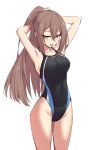  1girl adele_(fate) armpits arms_behind_head arms_up bangs bare_shoulders black_swimsuit blush breasts brown_hair collarbone covered_navel elfenlied22 fate/grand_order fate_(series) green_eyes hair_between_eyes highleg highleg_swimsuit highres large_breasts long_hair one-piece_swimsuit ponytail sidelocks smile solo swimsuit thighs 