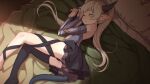  1girl black_horns black_thighhighs blonde_hair blvefo9 character_request closed_eyes horns isekai_maou_to_shoukan_shoujo_no_dorei_majutsu long_hair lying on_side single_thighhigh sleeping solo tail thighhighs twintails 