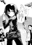  1girl 4boys absurdres faceless faceless_male greyscale gun handgun hands_up highres kino_(kino_no_tabi) kino_no_tabi monochrome mp40 multiple_boys outdoors reverse_trap revolver short_hair submachine_gun surrounded tomurasuisen translated weapon weapon_request 