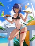  1girl :d absurdres bangs barefoot beach bikini bird black_bikini blue_hair blue_sky breasts chinese_commentary cleavage cloud commentary_request day food foot_out_of_frame front-tie_bikini front-tie_top genshin_impact hair_rings highres holding holding_plate looking_at_viewer medium_breasts navel open_fly outdoors paradox plate railing short_hair short_shorts shorts sky smile solo standing standing_on_one_leg stomach swimsuit tan tanlines thigh_strap thighs xiangling_(genshin_impact) yellow_eyes 