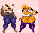  &lt;3 anthro barefoot big_breasts black_sclera blonde_hair blue_bottomwear blue_clothing blue_pants bottomwear bracelet breasts brown_body brown_eyes brown_fur cleavage clothed clothing collar dipstick_ears dipstick_tail drawsfigures duo ear_piercing eevee eyelashes feet female fur fur_collar gesture grey_clothing grey_shirt grey_topwear hair head_tuft hi_res holding_object holding_pok&eacute;ball hotpants jewelry legwear looking_at_viewer markings multicolored_ears navel navel_piercing nintendo one_eye_obstructed pants pattern_background pattern_clothing pattern_legwear piercing pikachu pink_background pok&eacute;ball pok&eacute;mon pok&eacute;mon_(species) purple_clothing purple_legwear rosy_cheeks shirt short_stack shorts side_butt simple_background slightly_chubby smile tail_markings tan_body tan_fur tan_hair thick_thighs thigh_highs topwear tuft video_games waving waving_at_viewer white_clothing white_shirt white_topwear wide_hips yellow_body yellow_fur 