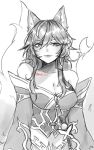  1girl absurdres ahri_(league_of_legends) animal_ear_fluff animal_ears bare_shoulders breasts cleavage closed_mouth collarbone extra_tails facial_mark greyscale hair_between_eyes half-closed_eyes highres kitsune league_of_legends long_hair looking_at_viewer monochrome shiroki_yori simple_background sketch slit_pupils solo tail tassel twitter_username whisker_markings white_background 