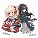  2girls artist_name bag black_hair blonde_hair blue_ribbon brown_bag copyright_name green_ribbon grin gun hair_ribbon highres holding holding_gun holding_weapon inoue_takina long_hair looking_at_viewer lycoris_recoil multiple_girls neck_ribbon nishikigi_chisato north_abyssor purple_eyes red_eyes red_ribbon ribbon school_bag school_uniform simple_background smile trigger_discipline upper_body weapon white_background 