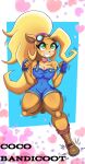  &lt;3 4_fingers activision anthro bandicoot big_breasts big_hair blonde_hair blue_background blue_clothing blue_gloves blue_handwear breasts brown_clothing brown_footwear brown_shoes choker cleavage clothed clothing coco_bandicoot crash_bandicoot_(series) drawsfigures eyelashes eyewear eyewear_on_head female fingerless_gloves fingers footwear fur gloves goggles goggles_on_head green_eyes hair handwear hi_res jewelry mammal marsupial navel_outline necklace orange_body orange_fur overalls patch_(fabric) ponytail shoes simple_background smile solo suspenders tan_body tan_fur text thick_thighs video_games white_background wide_hips 