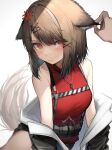  1girl absurdres anger_vein animal_ears arknights black_jacket breasts brown_hair cutter_(arknights) grey_background highres jacket medium_breasts red_eyes red_shirt shirt short_hair sleeveless sleeveless_shirt solo_focus tab_head tail 