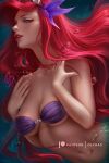  1girl ariel blue_eyes breasts cleavage disney long_hair looking_at_viewer mermaid monster_girl navel olchas open_mouth paid_reward_available patreon_username red_hair shell shell_bikini signature solo underwater 