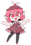  1girl animal_ears bird_ears bird_wings black_pantyhose blush_stickers brown_dress brown_headwear chibi dress frilled_dress frills full_body hair_between_eyes highres long_sleeves mystia_lorelei op_na_yarou open_mouth pantyhose pink_eyes pink_hair red_footwear shoes short_hair simple_background solo touhou white_background white_wings winged_hat wings 