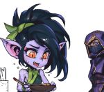  1boy 1girl akali alternate_form bangs bare_shoulders black_hair chopsticks cloud_tattoo colored_skin dress green_dress grey_background hair_ornament holding kennen league_of_legends long_hair mask mouth_mask one_eye_closed open_mouth phantom_ix_row pink_eyes pointy_ears ponytail purple_skin shiny shiny_hair simple_background sweatdrop tongue tongue_out upper_body yordle 