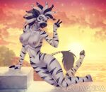  2022 5_fingers anthro areola breasts day detailed_background digital_media_(artwork) equid equine female fingers hooves imanika looking_at_viewer mammal nipples nude open_mouth outside sky smile solo sun zebra 