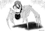  1girl :d absurdres apron arachne arthropod_girl artist_name bangs blush breasts buttons collared_shirt commission extra_eyes fangs full_body greyscale hand_on_own_chest highres large_breasts long_hair looking_at_viewer maid maid_apron monochrome monster_girl multiple_legs open_mouth original shirt skin_fangs smile solo spider_girl taur theoiledone twitter_username two_side_up waist_apron 