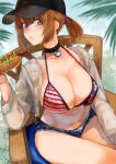  1girl :o baseball_cap bikini breasts brown_hair cleavage collarbone girls&#039;_frontline grizzly_mkv_(girls&#039;_frontline) hat highres hot_dog ketchup kojima_(blue_stardust) large_breasts looking_at_viewer mismatched_bikini multicolored_bikini multicolored_clothes mustard navel on_chair pink_eyes short_ponytail sitting solo swimsuit 