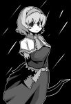  1girl absurdres alice_margatroid ascot bangs bois_de_justice breasts capelet closed_mouth commentary_request cookie_(touhou) dies_irae dress expressionless feet_out_of_frame frilled_ascot frilled_hairband frilled_sash frills greyscale hair_between_eyes hairband highres hinase_(cookie) jijii_(nicoseiga91467756) looking_at_viewer medium_breasts monochrome parody sash scotch_(cookie)_(style) shinza_bansho_series short_hair solo style_parody touhou 