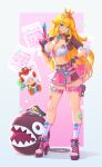  1girl alternate_costume blonde_hair blue_eyes breasts chain_chomp cleavage crown gun highres holding holding_gun holding_weapon large_breasts long_hair mario_(series) miniskirt mushroommirror princess_peach skirt toad_(mario) weapon 