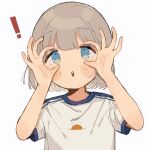  ! 1girl :o bangs blue_eyes blue_shirt blunt_bangs blush dot_nose grey_hair highres looking_at_viewer ok_sign ok_sign_over_eye original parted_lips shirt short_hair simple_background solo t-shirt teeth two-tone_shirt wadachi white_background white_shirt 