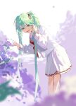  1girl :d bangs clothes_writing day flower from_side green_eyes green_hair hair_over_shoulder hair_ribbon hair_tucking hands_up hatsune_miku highres jiuyesang kneehighs leaning_forward long_hair looking_at_viewer looking_to_the_side miniskirt nature neckerchief purple_flower red_neckerchief red_ribbon ribbon school_uniform serafuku sidelocks skirt skirt_set smile socks solo standing twintails very_long_hair vocaloid white_serafuku white_skirt white_socks 