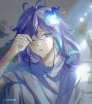  1boy antenna_hair aqua_hair blurry blurry_background earrings glitch hair_between_eyes highres hitodama holding holding_hair holostars jewelry knee_up long_hair looking_at_viewer low-tied_long_hair male_focus minase_rio multicolored_hair one_eye_closed pants parted_lips purple_eyes purple_hair shirt short_sleeves solo streaked_hair stud_earrings sunlight sushida0k t-shirt upper_body virtual_youtuber white_pants white_shirt 