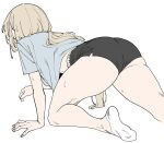  1girl all_fours ass black_shorts blonde_hair blue_shirt crawling dolphin_shorts ears_visible_through_hair from_behind from_side highres long_hair original shirt short_shorts shorts socks solo solo_focus t-shirt thighs urec white_background white_socks 