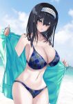  1girl beach bikini black_hair blue_bikini breasts cleavage collarbone everchix green_jacket highres idolmaster idolmaster_cinderella_girls jacket large_breasts looking_at_viewer navel open_clothes open_jacket outdoors plaid plaid_bikini sagisawa_fumika solo sweatdrop swimsuit 