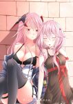  2girls :o absurdres artist_name bangs bare_shoulders black_bra black_choker black_dress black_thighhighs blue_jacket blush bra bra_strap breasts choker cleavage closed_eyes closed_mouth collarbone dress feet_out_of_frame girls&#039;_frontline guilty_crown hair_ornament hairclip hand_on_own_chest highres hizuki.kaze jacket jacket_pull long_hair looking_at_another m82a1_(girls&#039;_frontline) medium_breasts multiple_girls on_floor open_clothes open_jacket open_mouth parted_lips pink_hair purple_eyes smile thighhighs thighs underwear wall yuri yuzuriha_inori 