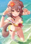  1girl absurdres animal_ears aoto_mei blush bone_hair_ornament braid breasts brown_eyes brown_hair collar dog_ears dog_girl dog_tail hair_between_eyes hair_ornament highres hololive inugami_korone large_breasts long_hair looking_at_viewer ocean open_mouth smile solo swimsuit tail twin_braids virtual_youtuber 