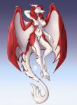  2022 anthro breasts digital_media_(artwork) dragon ezcett featureless_breasts featureless_crotch feet female fingers fur furred_dragon hair hi_res horn hybrid red_body red_fur red_hair sergal solo spines toes white_body white_eyes white_fur 