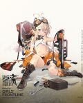  1girl bangs black_gloves blonde_hair blue_eyes boots breasts brown_footwear character_name copyright_name crop_top crushed damaged english_text eyewear_on_head floor full_body gears girls&#039;_frontline gloves gun hair_ornament hairclip hand_on_floor highres holding holding_gun holding_weapon jacket jacket_pull long_hair looking_at_viewer mk3_grenade mk3a1_(girls&#039;_frontline) namyo navel official_art on_floor one_eye_closed open_clothes open_jacket open_mouth orange_jacket orange_shorts orange_socks promotional_art safety_glasses screwdriver shield shorts shotgun simple_background single_glove small_breasts socks solo teeth_hold tool_belt tools torn_clothes torn_jacket torn_legwear weapon wrench 