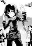  1girl 4boys absurdres faceless faceless_male greyscale gun handgun hands_up highres kino_(kino_no_tabi) kino_no_tabi monochrome mp40 multiple_boys outdoors reverse_trap revolver short_hair submachine_gun surrounded tomurasuisen weapon weapon_request 