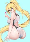  1girl absurdres ahoge ass back bangs bare_shoulders blonde_hair blue_eyes breasts fate/grand_order fate_(series) glasses high_ponytail highleg highleg_swimsuit highres jacket jeanne_d&#039;arc_(fate) jeanne_d&#039;arc_(swimsuit_archer)_(fate) jeanne_d&#039;arc_(swimsuit_archer)_(second_ascension)_(fate) large_breasts long_hair looking_at_viewer looking_back mergerri one-piece_swimsuit sitting smile solo swimsuit thighs very_long_hair white_jacket 