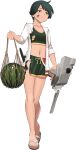  1girl adapted_turret bikini black_hair burnt_clothes cannon defeat dirty dirty_face food fruit full_body green_shorts kantai_collection midriff mismatched_bikini mogami_(kancolle) mogami_kai_ni_(kancolle) multicolored_clothes navel official_art sandals shibafu_(glock23) short_hair shorts solo sweater swimsuit tachi-e third-party_source torn_clothes transparent_background turret watermelon white_bikini 