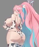  1girl absurdres android animal_print arm_warmers ass bangs bare_arms bare_shoulders bikini blue_eyes blue_hair blush breasts commentary cow_print eratoeir_(mega_man_x_dive) from_behind grey_background hair_ornament high_ponytail highres large_breasts long_hair looking_at_viewer looking_back mega_man_(series) mega_man_x_(series) mega_man_x_dive miolnel multicolored_eyes multicolored_hair parted_lips pink_eyes pink_hair ponytail robot_ears shiny shiny_hair shiny_skin sideboob smile swimsuit thighhighs thighs very_long_hair yellow_eyes 