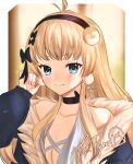  1girl bangs black_hairband blonde_hair blue_eyes bow breasts cleavage english_commentary hair_bow hairband indie_virtual_youtuber long_hair looking_at_viewer mimishima_pyon penguin_hair_ornament portrait sleeves_past_wrists smile solo virtual_youtuber yashu_(shubewbz) 