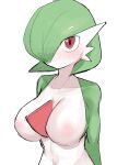  1girl abara_boner arms_behind_back bangs blush bob_cut breasts collarbone colored_skin commentary english_commentary gardevoir green_hair green_skin hair_over_one_eye large_breasts looking_at_viewer multicolored_skin navel nipples no_mouth one_eye_covered pokemon pokemon_(creature) red_eyes short_hair simple_background sketch solo sweat two-tone_skin upper_body white_background white_skin 