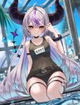  1girl ahoge bangs black_choker black_swimsuit blue_sky breasts choker closed_mouth cloud covered_navel day demon_girl demon_horns feet_out_of_frame grey_hair hair_between_eyes hand_up highres hololive horns inari_(ambercrown) la+_darknesss long_hair looking_at_viewer multicolored_hair one-piece_swimsuit palm_tree pool poolside purple_hair sitting sky small_breasts smile soaking_feet solo streaked_hair striped_horns swimsuit tail tail_raised thigh_strap tree v-shaped_eyebrows very_long_hair virtual_youtuber water white_hair yellow_eyes 