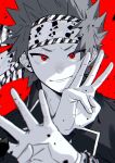  1boy bandana blurry blurry_foreground boku_no_hero_academia depth_of_field greyscale_with_colored_background hane11254 highres kirishima_eijirou looking_at_viewer male_focus red_background red_eyes spiked_hair spot_color upper_body 