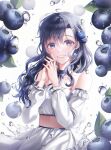  1girl absurdres bangs bare_shoulders blue_eyes blueberry bow choker collarbone earrings food frills fruit hair_between_eyes hair_ornament highres jewelry long_hair long_sleeves looking_at_viewer original purple_bow purple_choker purple_hair skirt smile solo water water_drop white_skirt youwon0417 