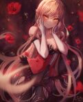 1girl bakemonogatari bangs bare_shoulders blonde_hair blurry blurry_foreground breasts dress echidnas elbow_gloves flower gloves hands_on_own_cheeks hands_on_own_face highres kiss-shot_acerola-orion_heart-under-blade kizumonogatari large_breasts long_hair looking_at_viewer monogatari_(series) no_pants pantyhose pointy_ears red_dress signature smile solo strapless strapless_dress torn_clothes torn_legwear vampire very_long_hair yellow_eyes 
