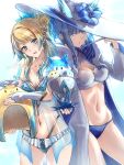  2girls absurdres adapted_costume alternate_costume bangs bare_shoulders bikini blonde_hair blue_eyes blue_hair blush breasts clear_glass_(mildmild1311) cleavage clothing_cutout collarbone commentary_request earrings fire_emblem fire_emblem_heroes fjorm_(fire_emblem) flower food gradient gradient_clothes gradient_hair hair_ornament hat hibiscus highres holding ice_cream ice_cream_cup jewelry long_hair long_sleeves looking_at_viewer medium_breasts multicolored_hair multiple_girls navel nifl_(fire_emblem) open_mouth see-through shiny shiny_hair signature simple_background smile spoon stomach sun_hat swimsuit two-tone_hair white_background 