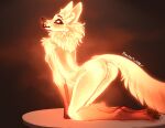  2022 anthro anus bedroom_eyes biped black_nose blue_eyes blush breasts butt canid canine canis discreet_user english_text eyebrow_piercing eyebrows eyelashes facial_piercing female fox fur genitals glowing glowing_body glowing_fur inner_ear_fluff kneeling looking_back magic mammal markings mylar_(discreet_user) narrowed_eyes neck_tuft piercing presenting presenting_anus presenting_hindquarters presenting_pussy pussy raised_tail rear_view seductive side_boob simple_background solo text tuft whisker_markings 