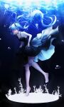  1girl absurdres bare_shoulders barefoot black_dress black_ribbon blue_hair breasts bubble cleavage closed_eyes collarbone dress hair_ribbon halter_dress halterneck hatsune_miku highres jellyfish long_hair ribbon skirt_hold solo twintails underwater vocaloid youwon0417 