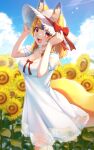  1girl :d absurdres animal_ear_fluff animal_ears blonde_hair blue_hair blue_sky blurry blurry_background bow breasts cleavage cloud collarbone commentary_request day depth_of_field dress ears_through_headwear fangs field flower flower_field food fox_ears fox_girl fox_tail fruit hands_on_headwear hands_up hat hat_bow highres indie_virtual_youtuber looking_at_viewer medium_breasts multicolored_hair outdoors puffy_short_sleeves puffy_sleeves red_bow red_eyes sakura_chiyo_(konachi000) see-through see-through_sleeves short_eyebrows short_sleeves sky smile solo strawberry streaked_hair sunflower tail thick_eyebrows virtual_youtuber white_dress white_headwear yamano_kayo yellow_flower 