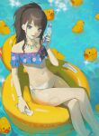  1girl afloat bangs bikini crossed_legs drink highres holding holding_drink idolmaster idolmaster_shiny_colors innertube kazano_hiori looking_at_viewer mole mole_under_mouth open_mouth ponytail pool purple_eyes ramune rubber_duck sidelocks solo spung swimsuit water 