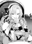  1girl :d bangs bare_shoulders breasts chest_tattoo chicke_iii claw_ring cleavage cup dress gloves greyscale hair_ribbon hairband highres holding holding_cup holding_saucer hyakumantenbara_salome large_breasts long_hair long_sleeves monochrome nijisanji price_tag ribbon saucer smile solo tattoo teacup upper_body v-shaped_eyebrows virtual_youtuber 