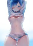  1girl areola_slip arms_behind_head artist_request bangs blue_eyes blue_hair blush breasts gradient gradient_background hair_behind_ear hair_over_one_eye looking_at_viewer looking_to_the_side medium_breasts navel one_eye_covered panties re:zero_kara_hajimeru_isekai_seikatsu rem_(re:zero) russian_commentary smile solo striped striped_panties underboob underwear 